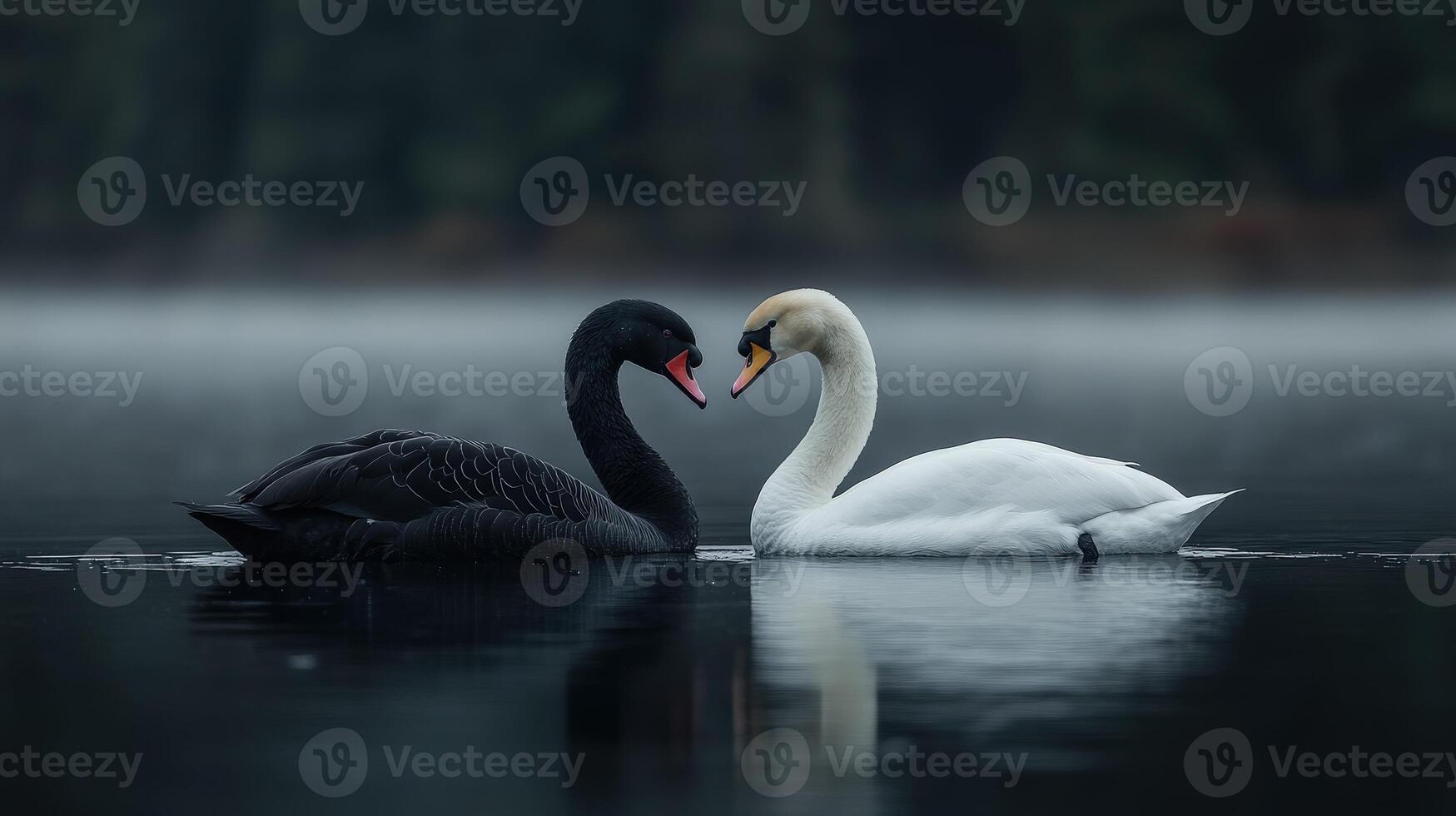 Elegant swans share a moment of affection on a misty lake at dawn photo
