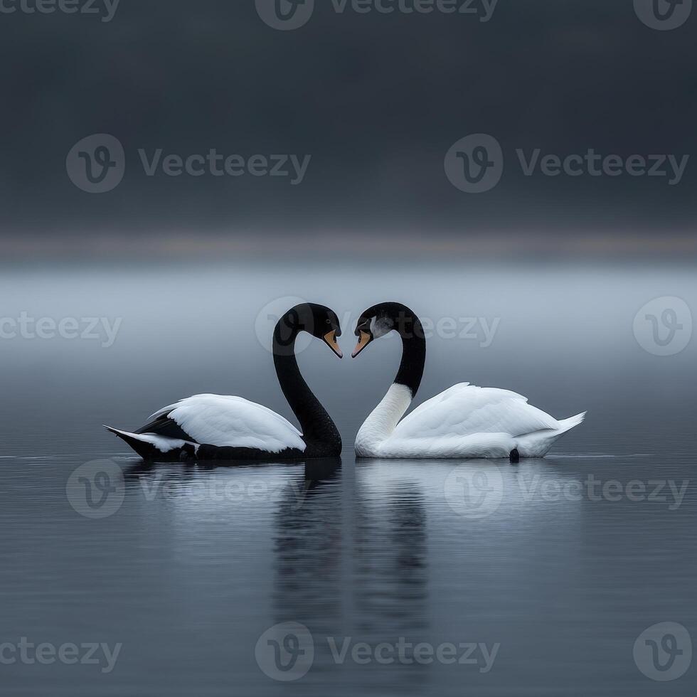 Swans gracefully interacting on a calm lake during an overcast morning photo