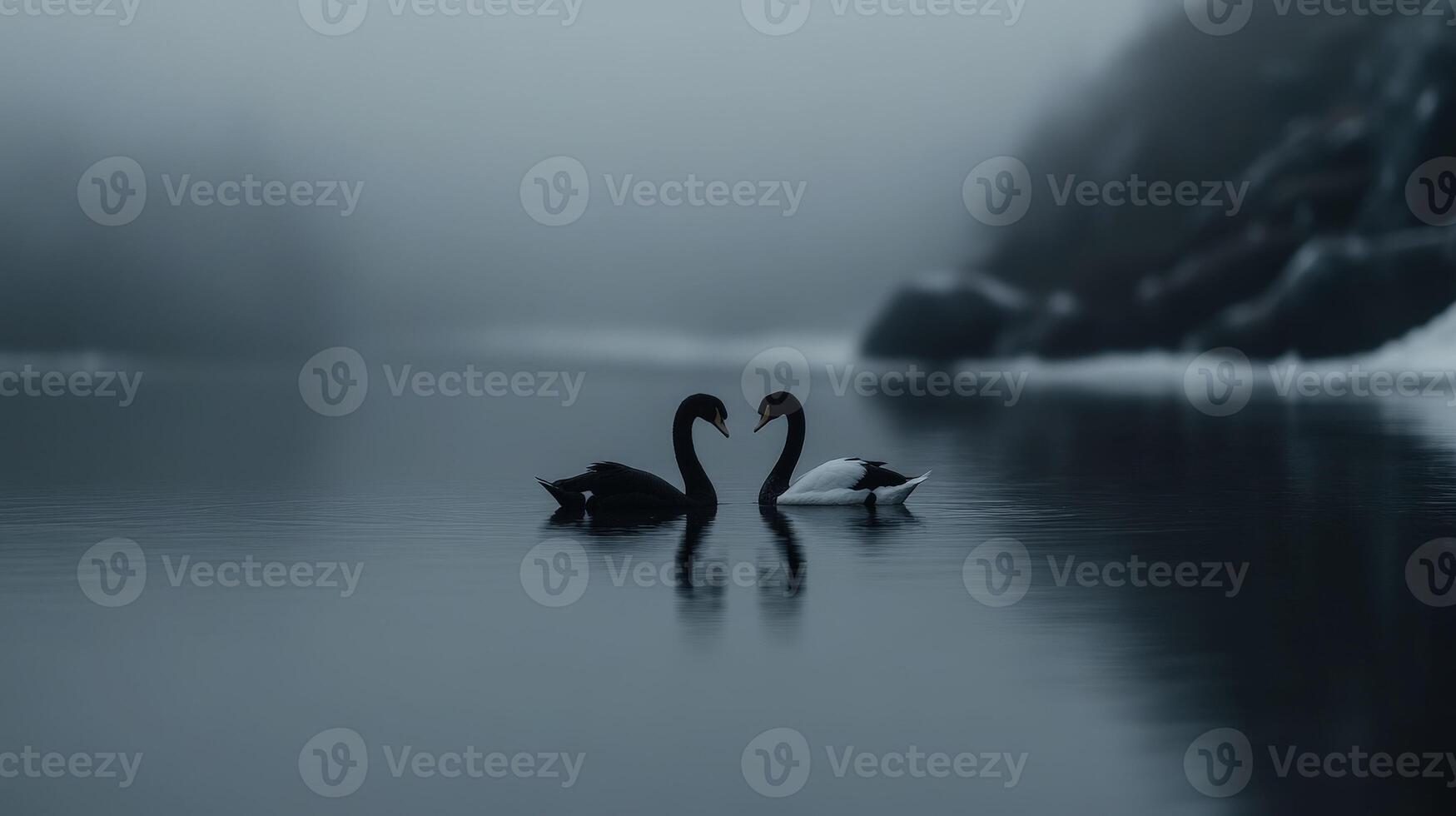 Swans engaging in a tender moment on a foggy lake at dawn photo