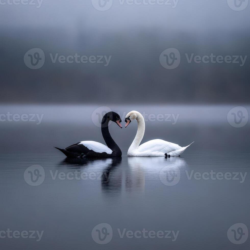 Black and white swans create a heart shape in misty lake waters photo