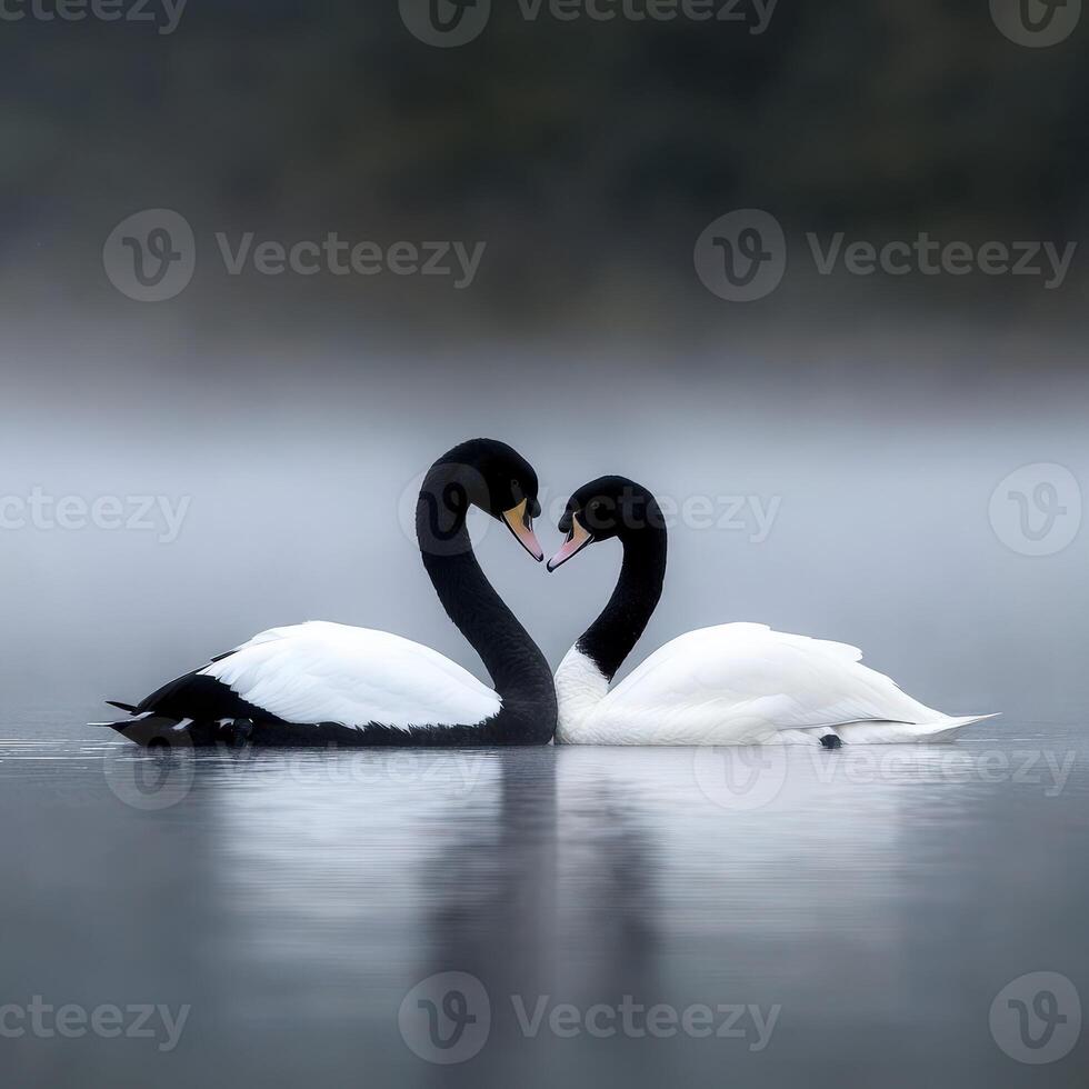 Swans elegantly forming a heart shape on a foggy lake at dusk photo