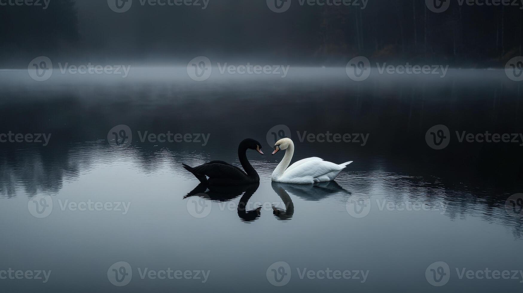 Swans gracefully meet on a misty lake at dawn photo