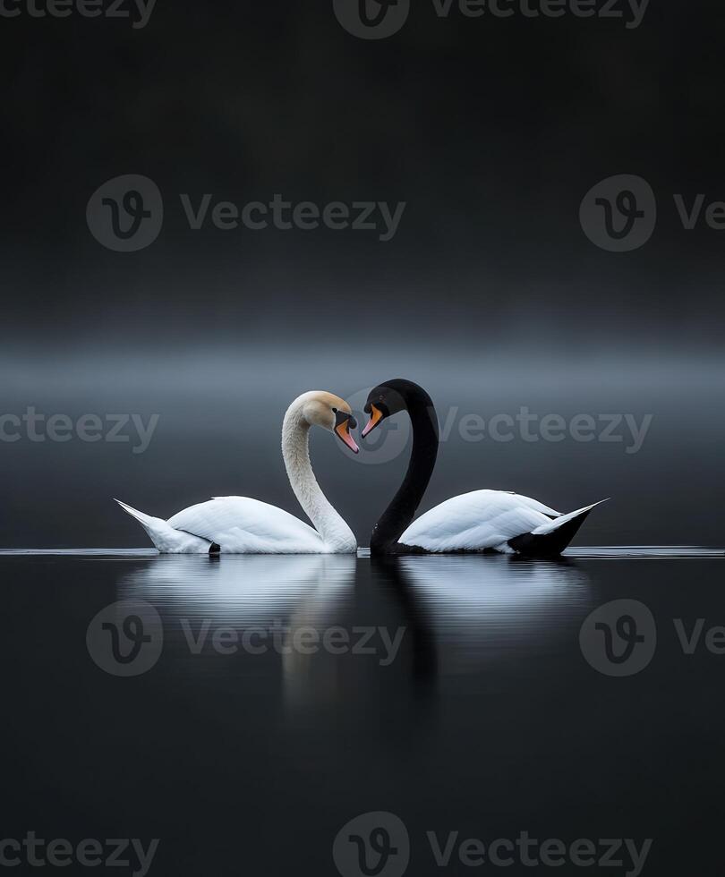 Elegant swans create a heart shape in tranquil lake water at dawn photo