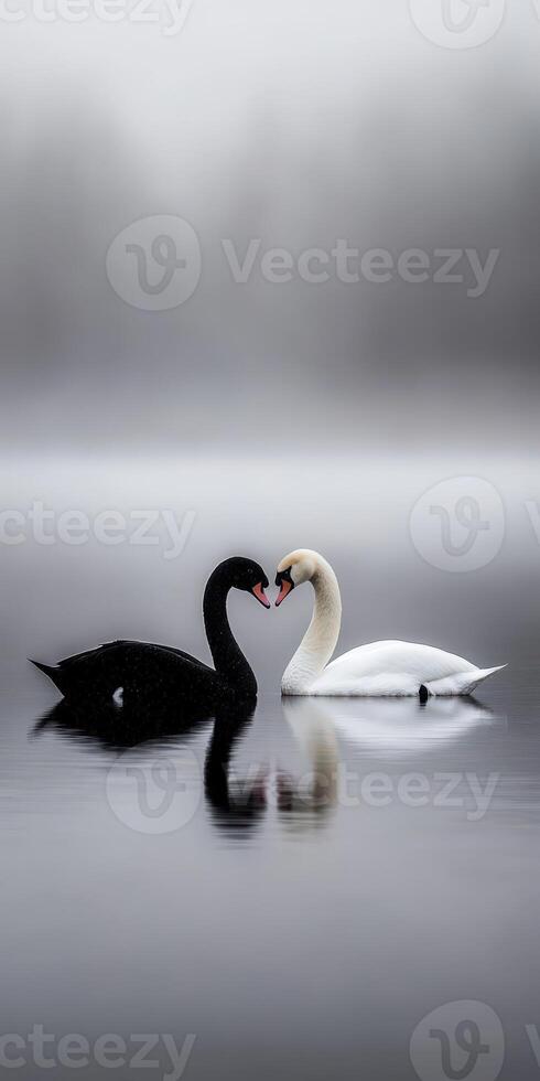 Swans display affection on a misty lake at dawn photo