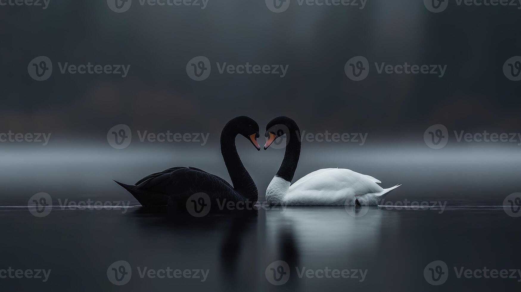 Two swans forming a heart shape against a misty lake in the early morning photo