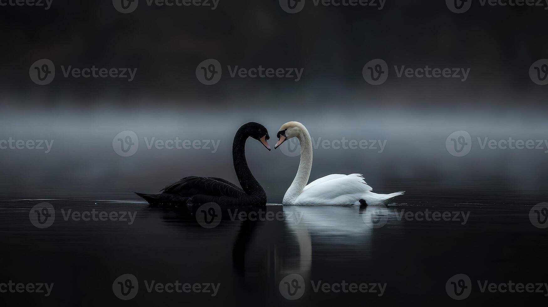 Swans forming a heart shape in foggy lake at dawn photo