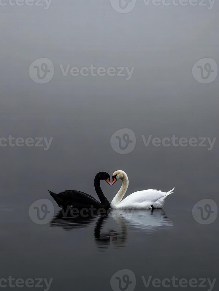 Black and white swans gracefully interact on serene water reflections photo