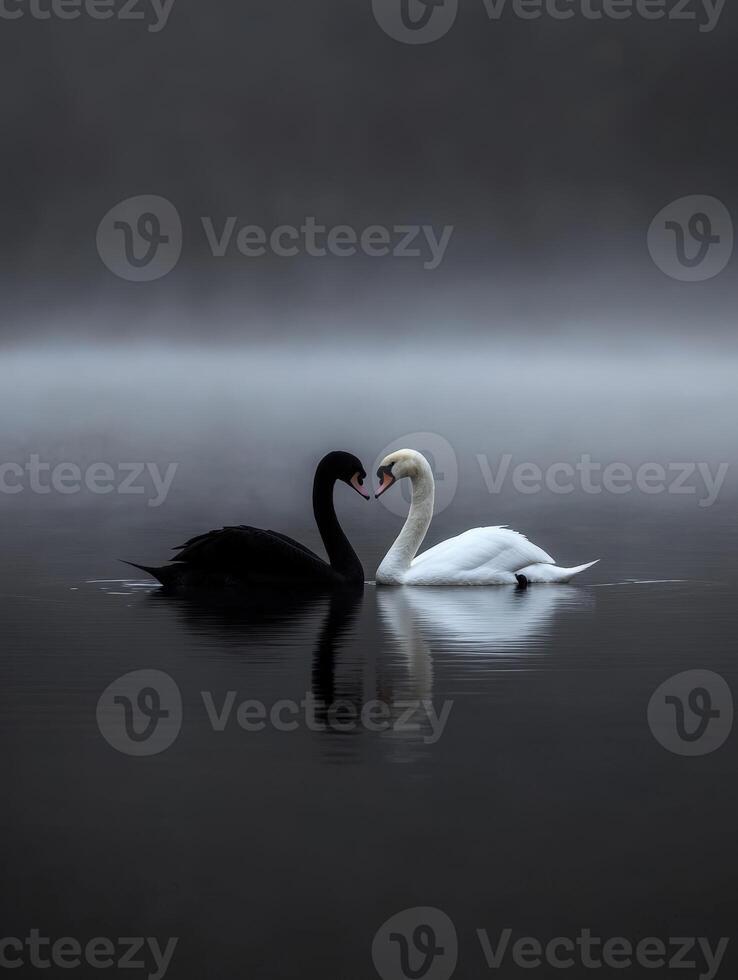 Black and white swans mirror each other in a misty lake at dawn photo