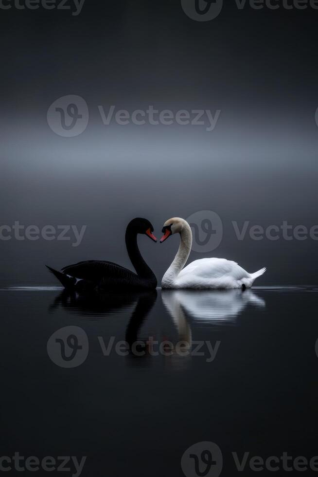 Black and white swans create a heart shape on calm water surface photo