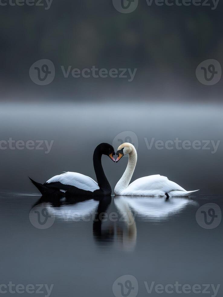 Elegant swans forming a heart shape on a misty lake at dawn photo