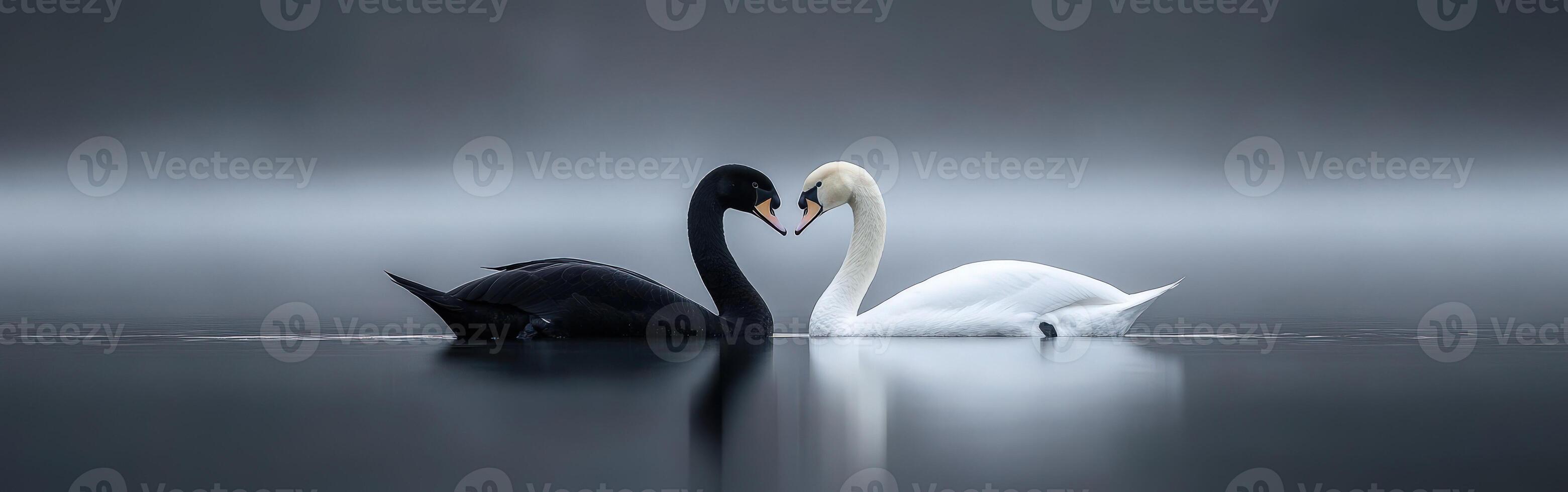 Elegant black and white swans creating a heart shape in calm water photo