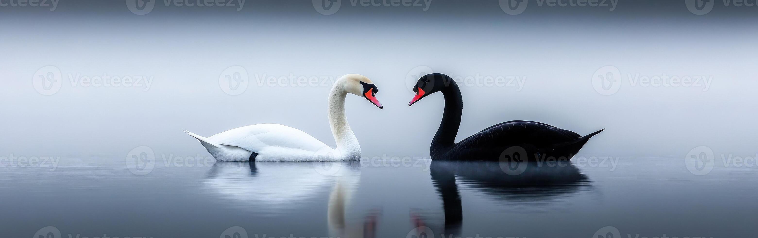 Swans interacting on a misty lake at dawn, showcasing contrast in colors photo