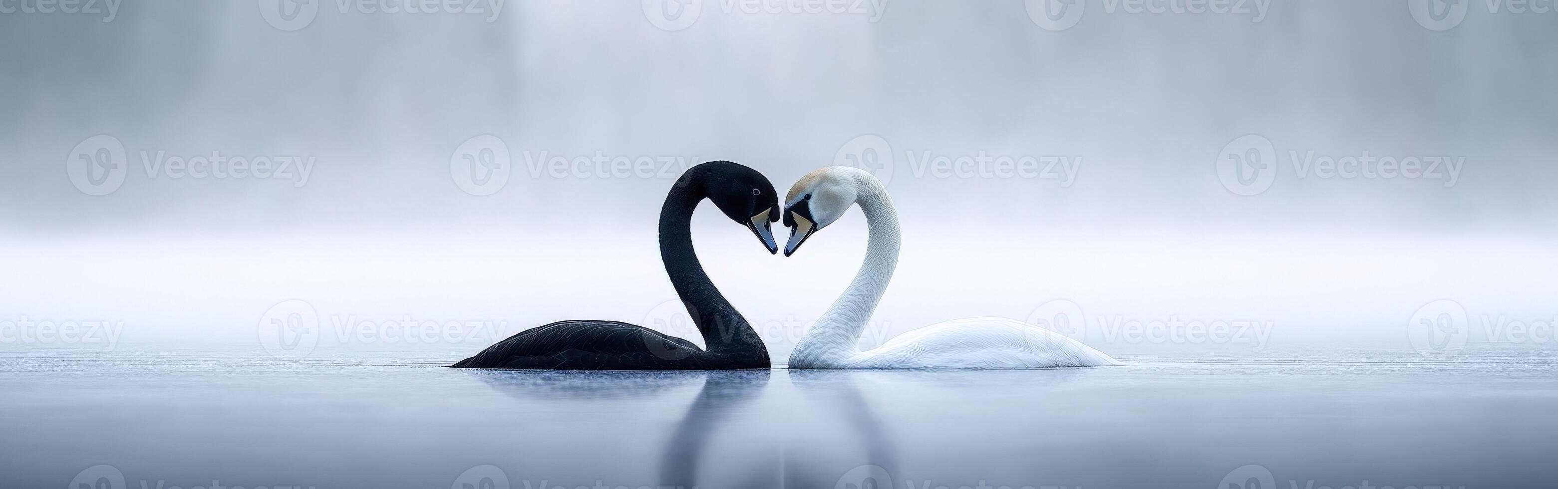 Swans form a heart shape while gliding gracefully on a misty lake photo