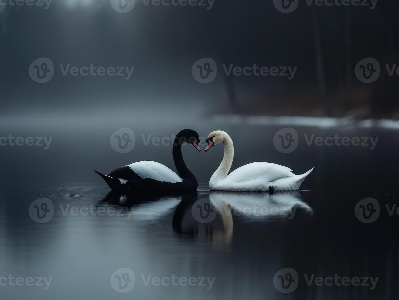 Swans and black swan in a foggy lake at dawn creating a serene atmosphere photo