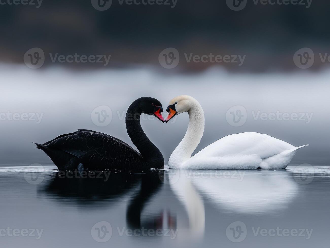 Black and white swans sharing a moment on a tranquil lake at dawn photo