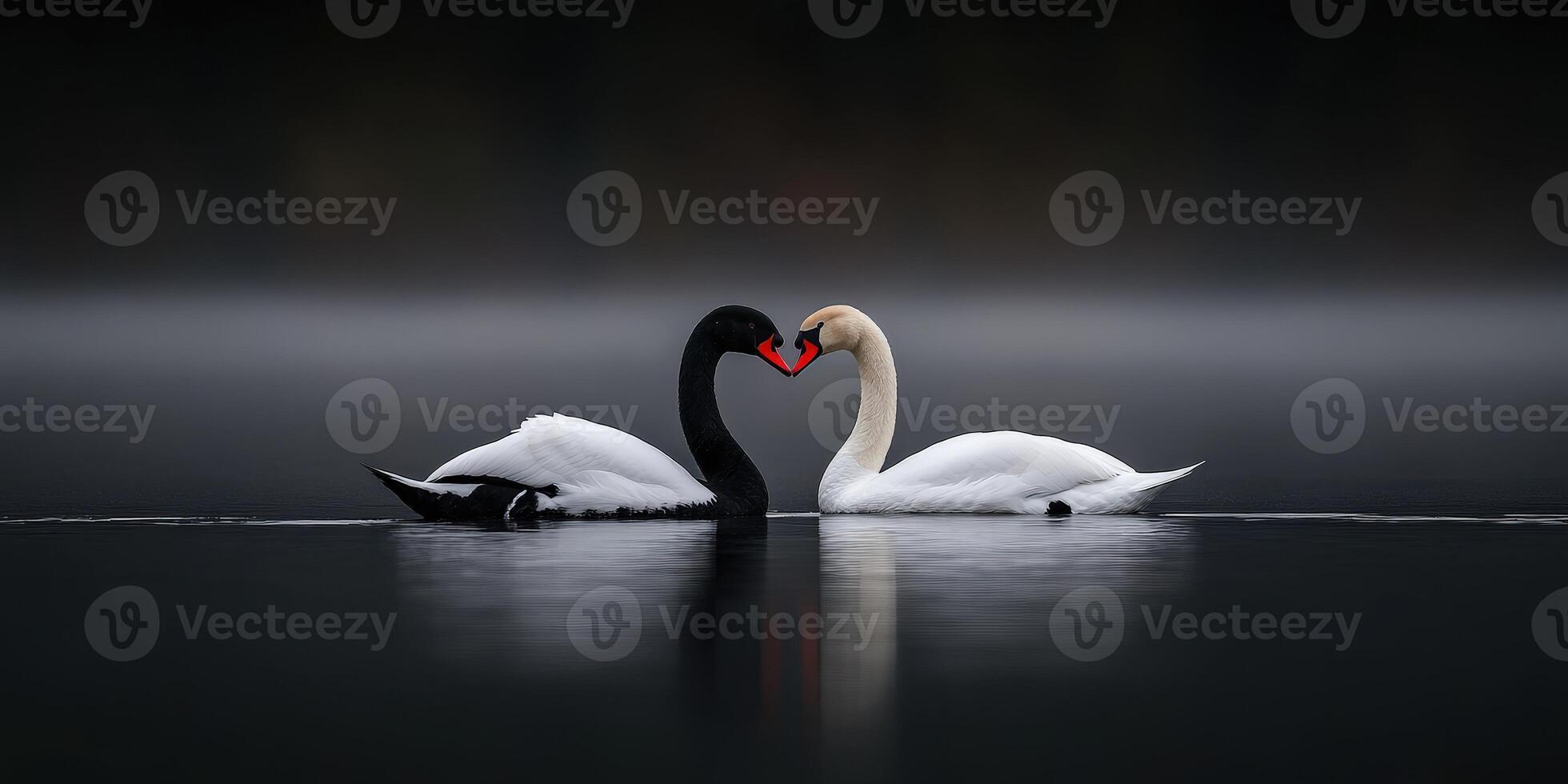 Black and white swans create heart shape on calm water at dawn photo