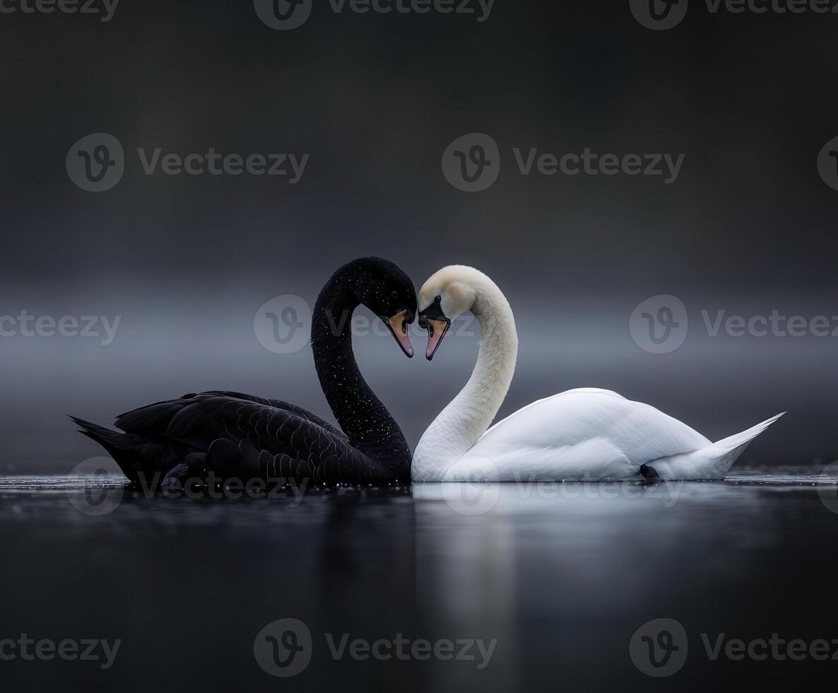 Elegant black and white swans embracing in serene waters at dawn photo