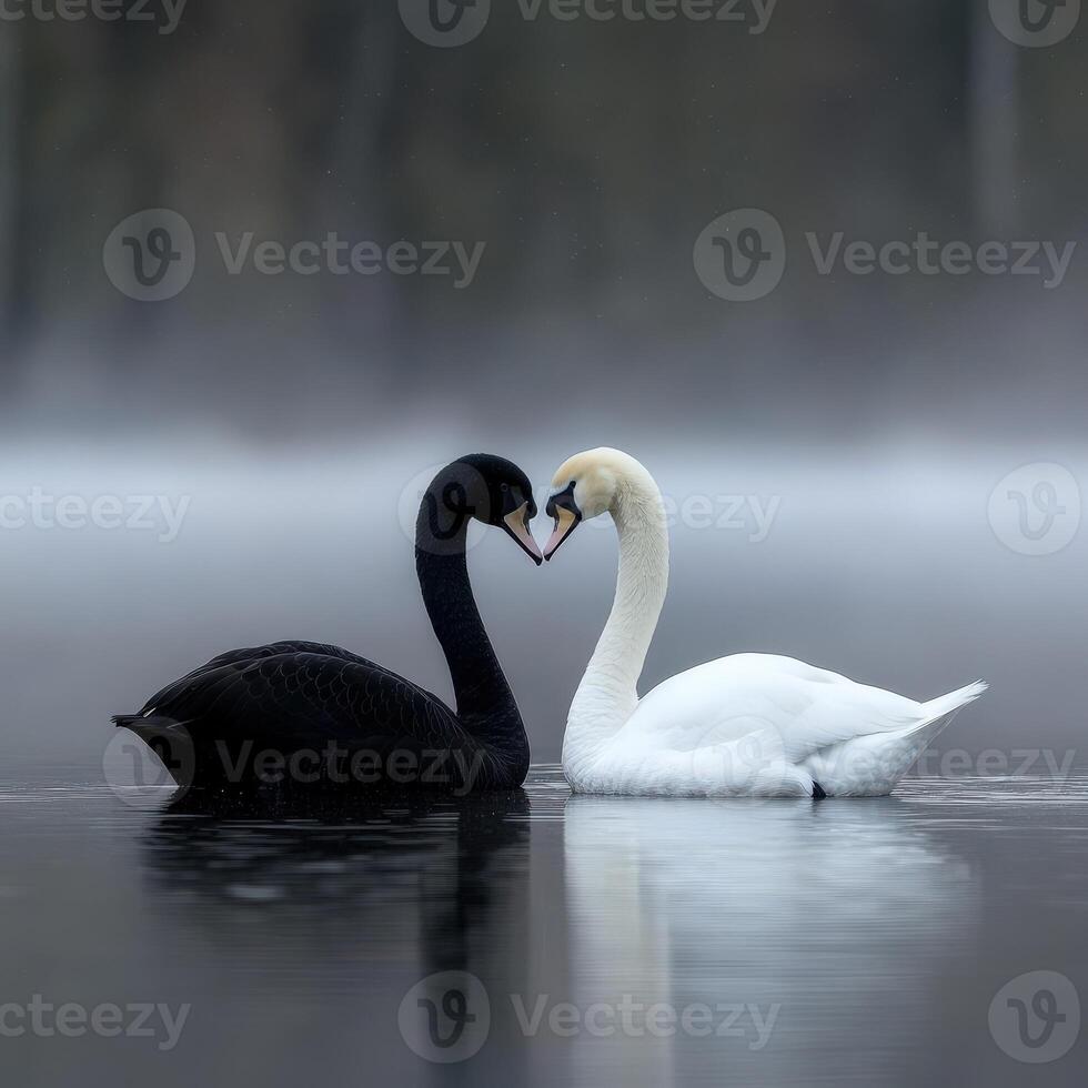 Swans of contrasting colors share an intimate moment on a misty lake photo