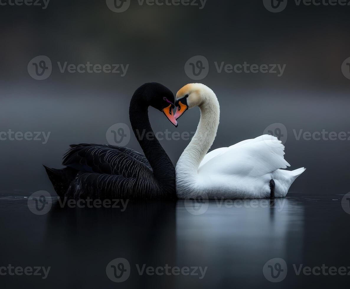 Two swans create a heart shape on a calm lake at dawn photo