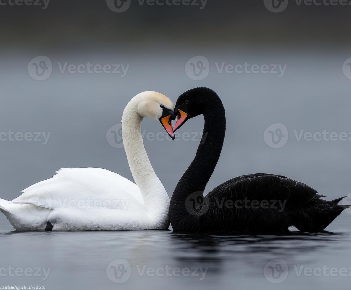 Contrast of elegance with black and white swans in tranquil water photo