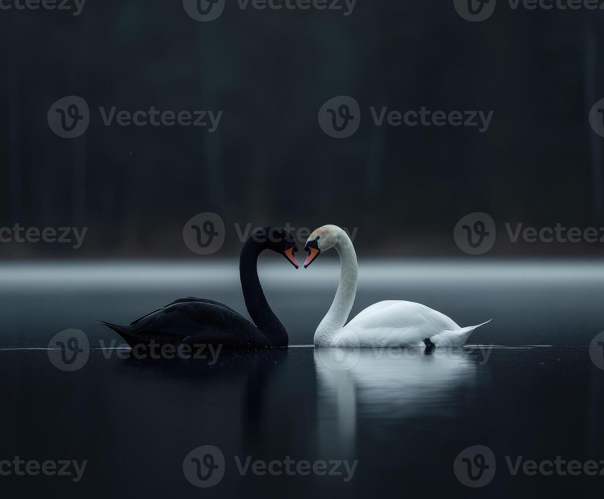 Two swans share a moment of connection on a misty lake at dawn photo