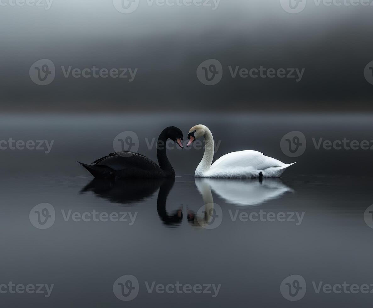 Black and white swans creating a heart shape on still water at dawn photo