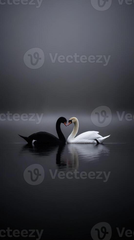 Two swans create a heart shape while floating on a misty lake photo