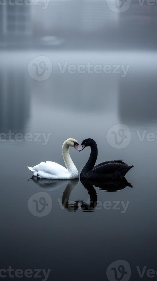 Swans swimming gracefully in a foggy urban landscape at dawn photo