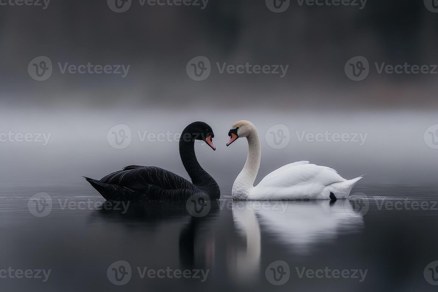 Swans and black swan gracefully glide together on a misty lake at dawn photo