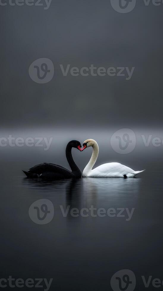Swans forming a heart shape while swimming in a misty lake at dusk photo