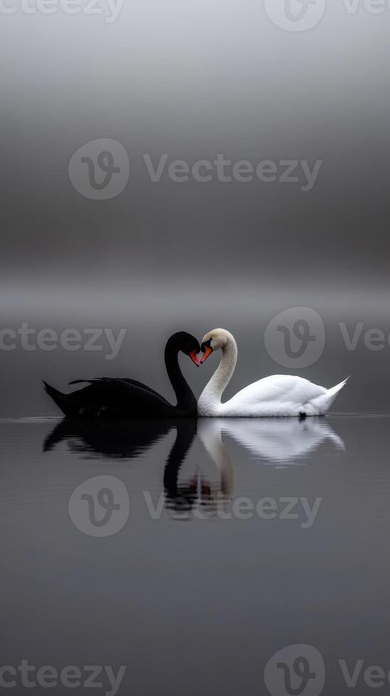 Swans forming a heart shape on a misty lake at dawn photo