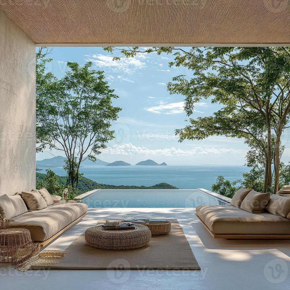 Serene modern living space with ocean view surrounded by trees at midday photo