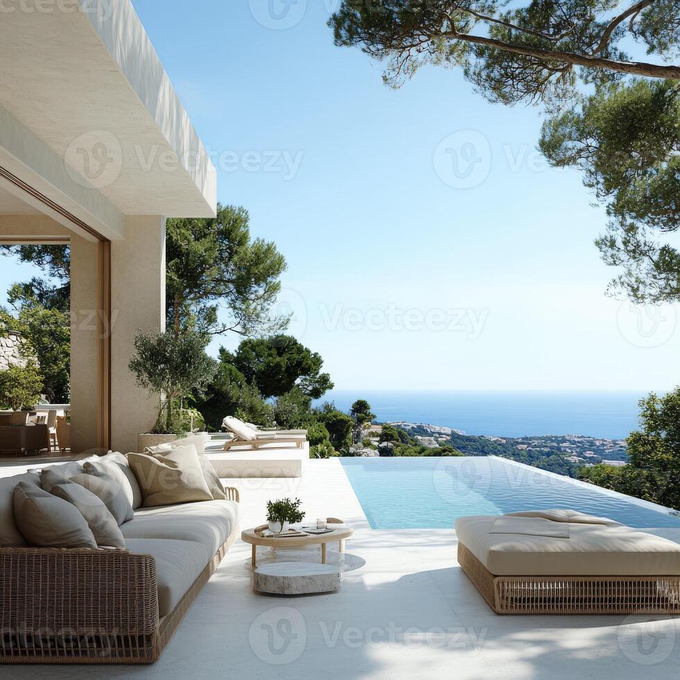Luxurious outdoor lounge area with infinity pool overlooking ocean view photo