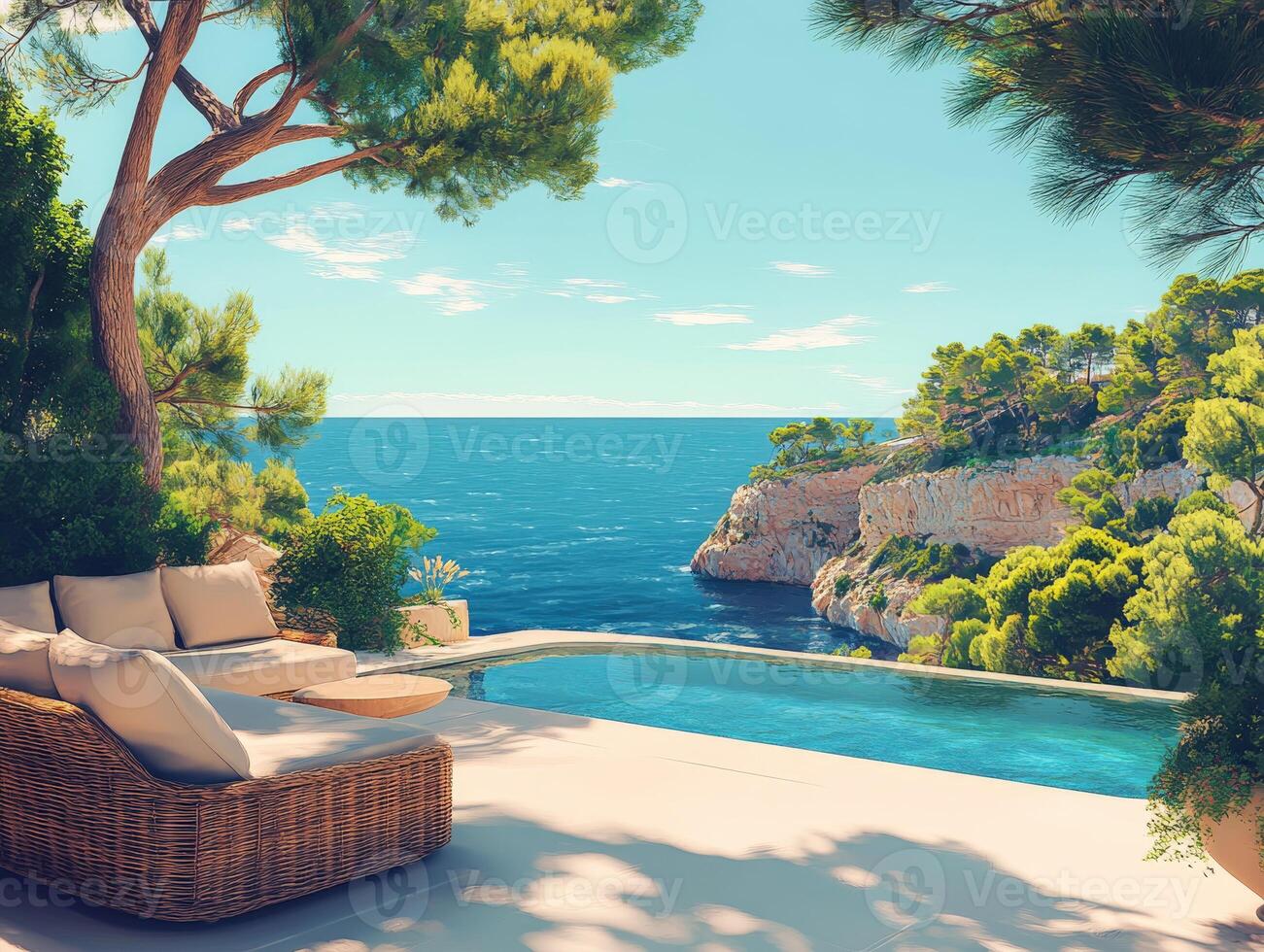 Relaxing poolside retreat by the ocean in a sunny coastal paradise photo