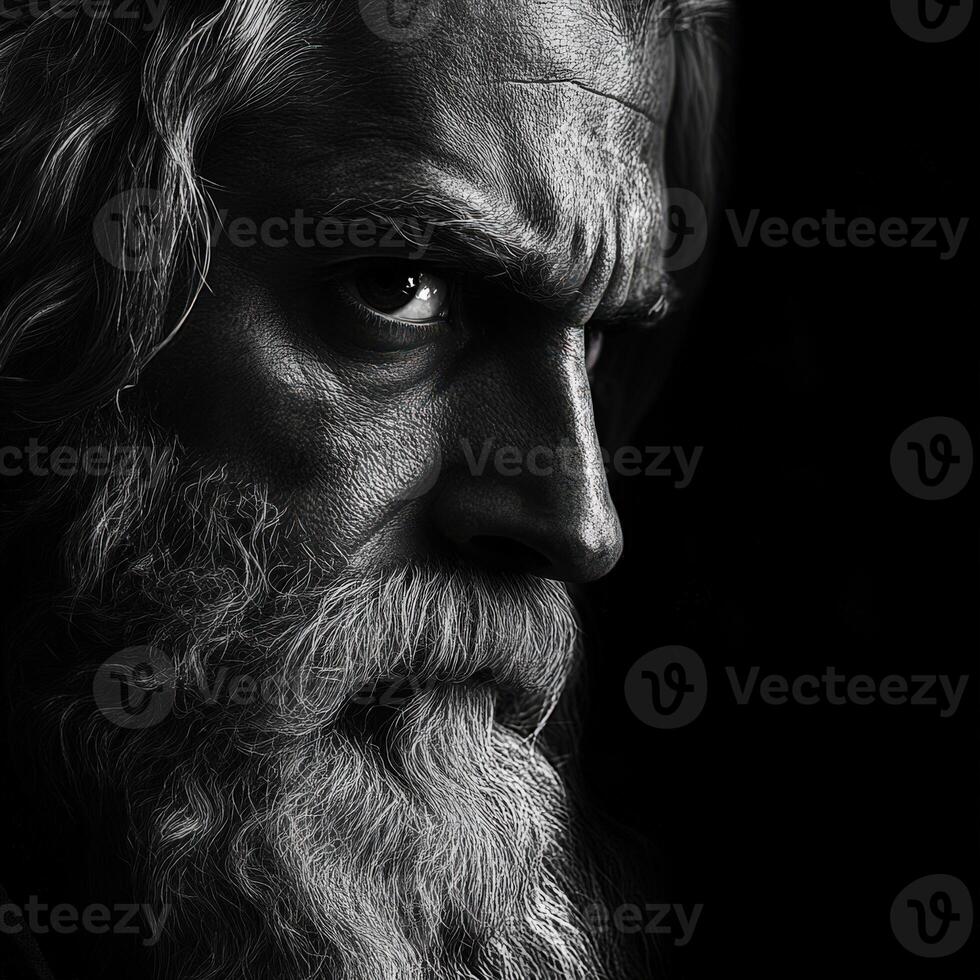 Portrait of a wise elder man with a striking beard and intense gaze photo