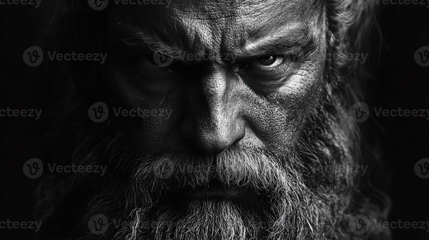 Intense portrait of an elderly man with a thick beard and piercing gaze photo