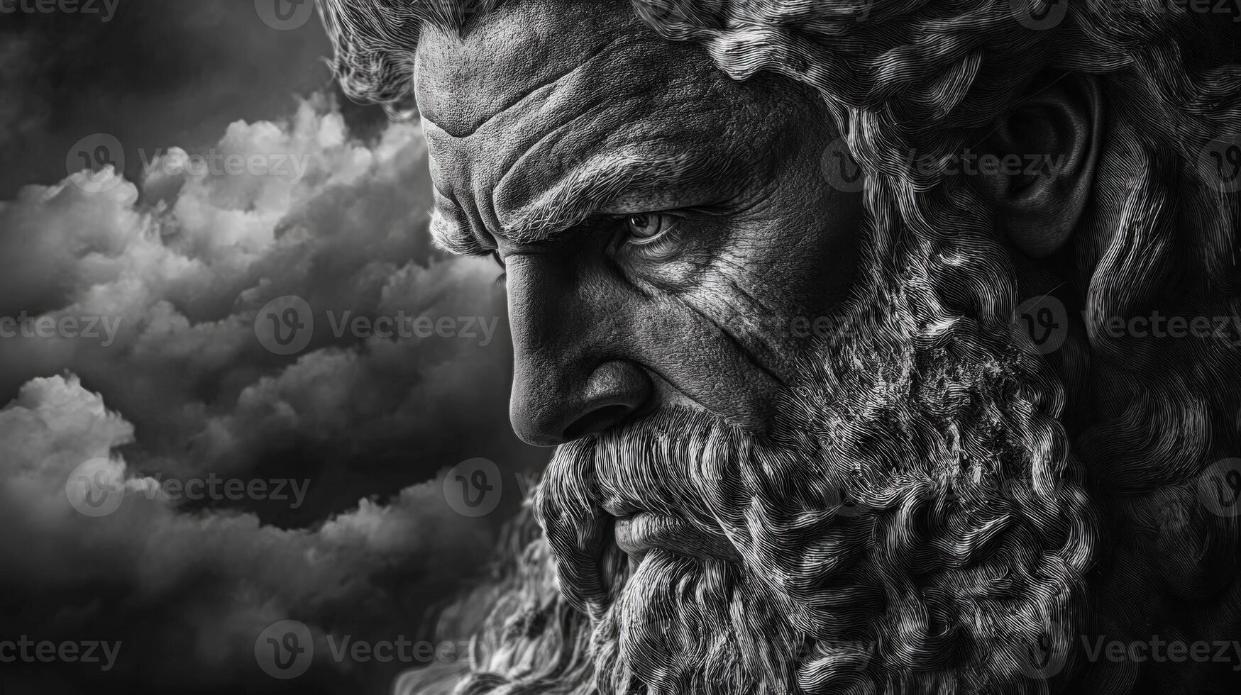 Mythical figure with long hair and beard amid dark clouds photo