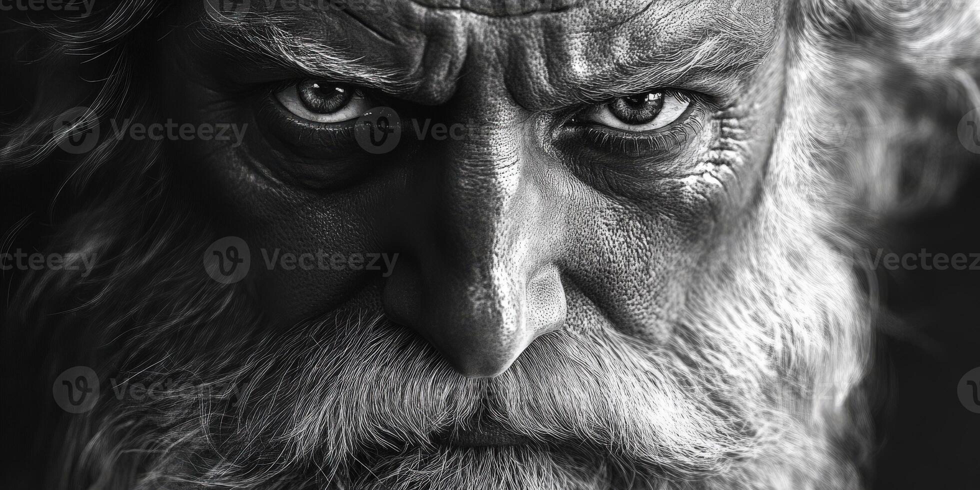 Intense gaze of an older man with long white hair and beard in black and white photo