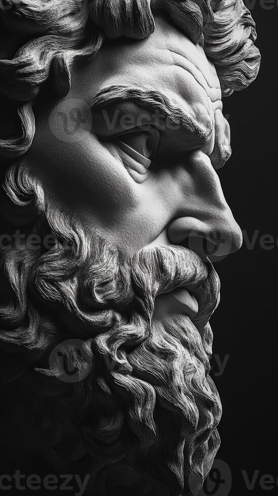 Profile of a classical sculpture showcasing intricate beard and details photo