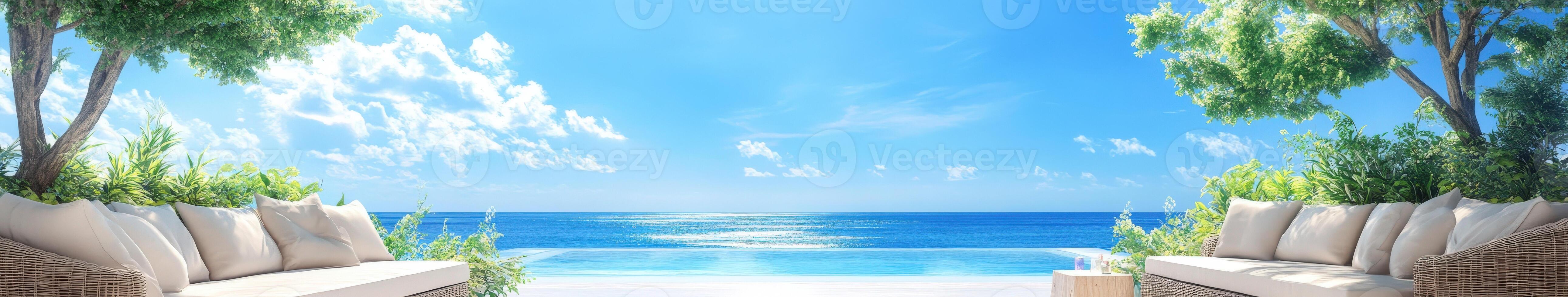 Relaxing beachfront terrace with stunning ocean view on a sunny day photo
