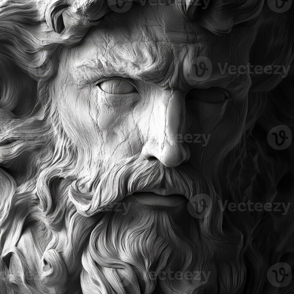 Sculpture of a mythical figure with a flowing beard and intense gaze photo