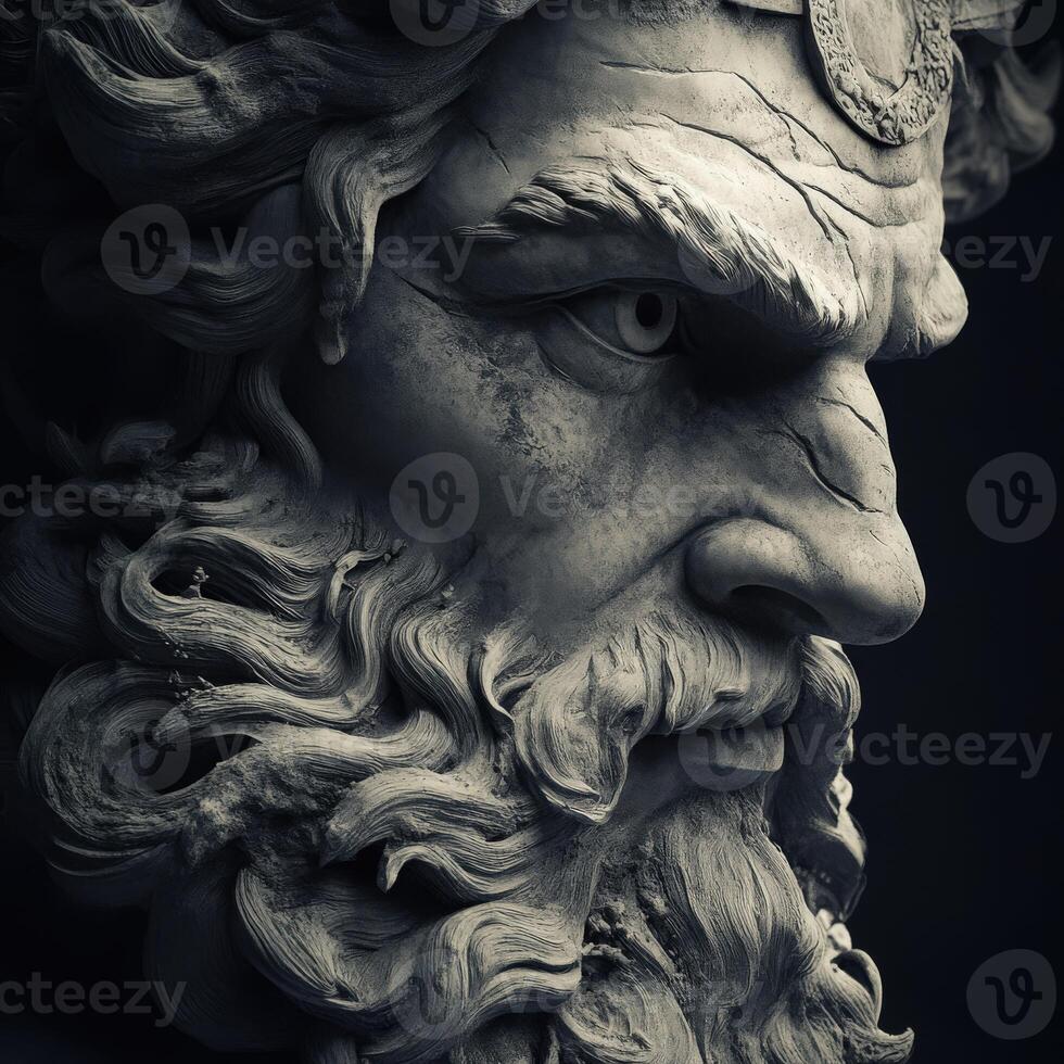 Powerful marble sculpture depicting an ancient Greek god with intense expression photo