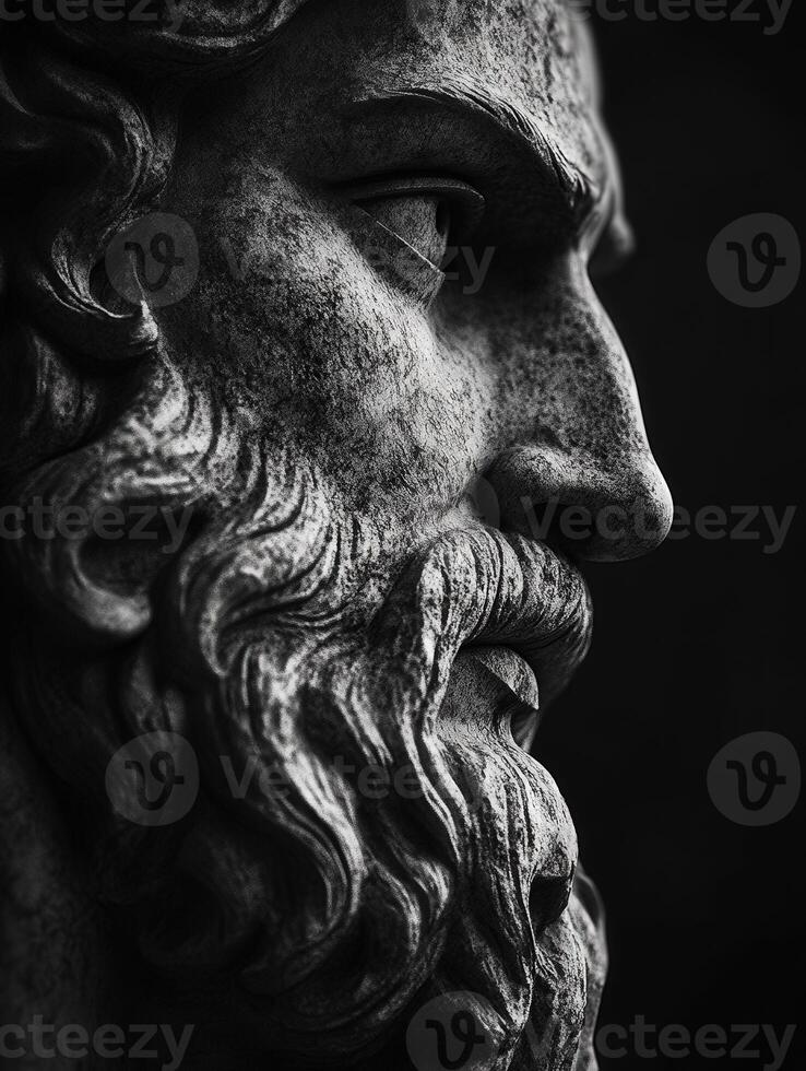 Sculpted figure captures the essence of ancient wisdom in monochrome photo