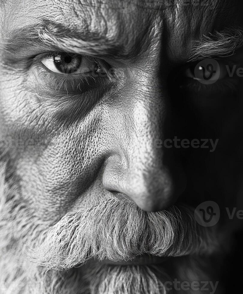 Close-up portrait of an older man with intense expression and textured skin photo