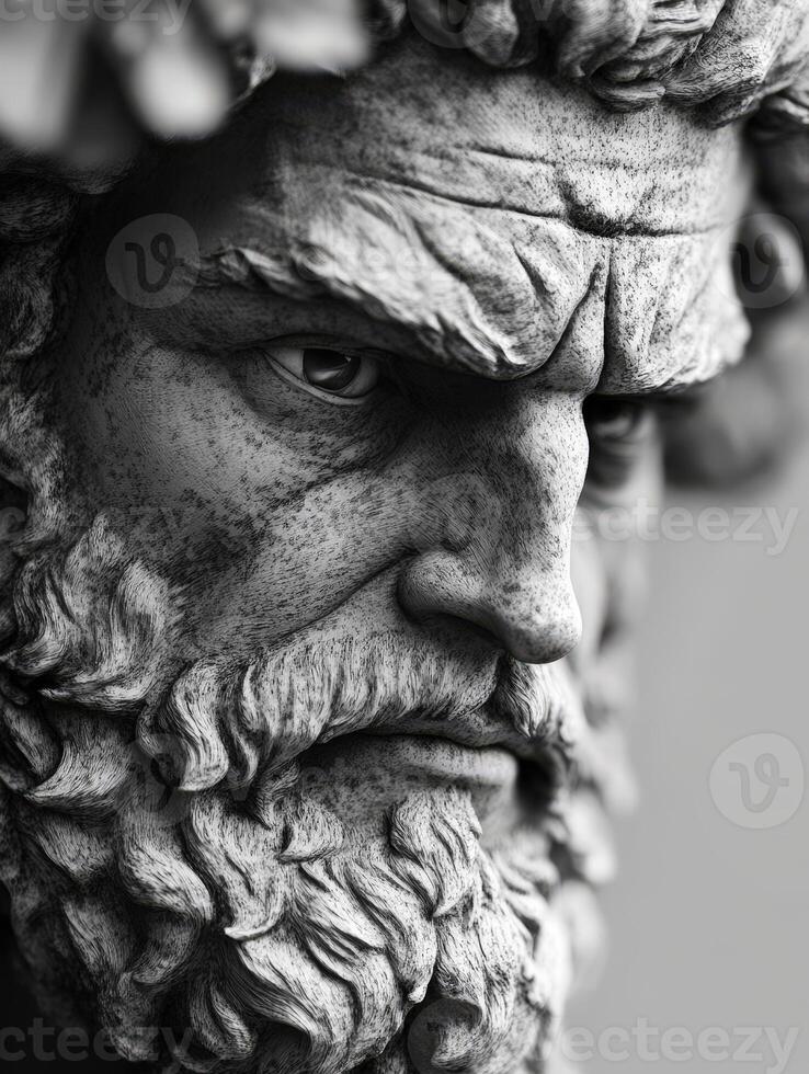 Detailed close-up of a majestic sculpted figure with a fierce expression photo