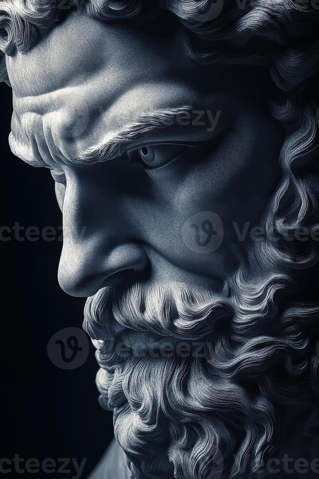 Close-up of an ancient marble sculpture depicting a strong figure with a beard photo