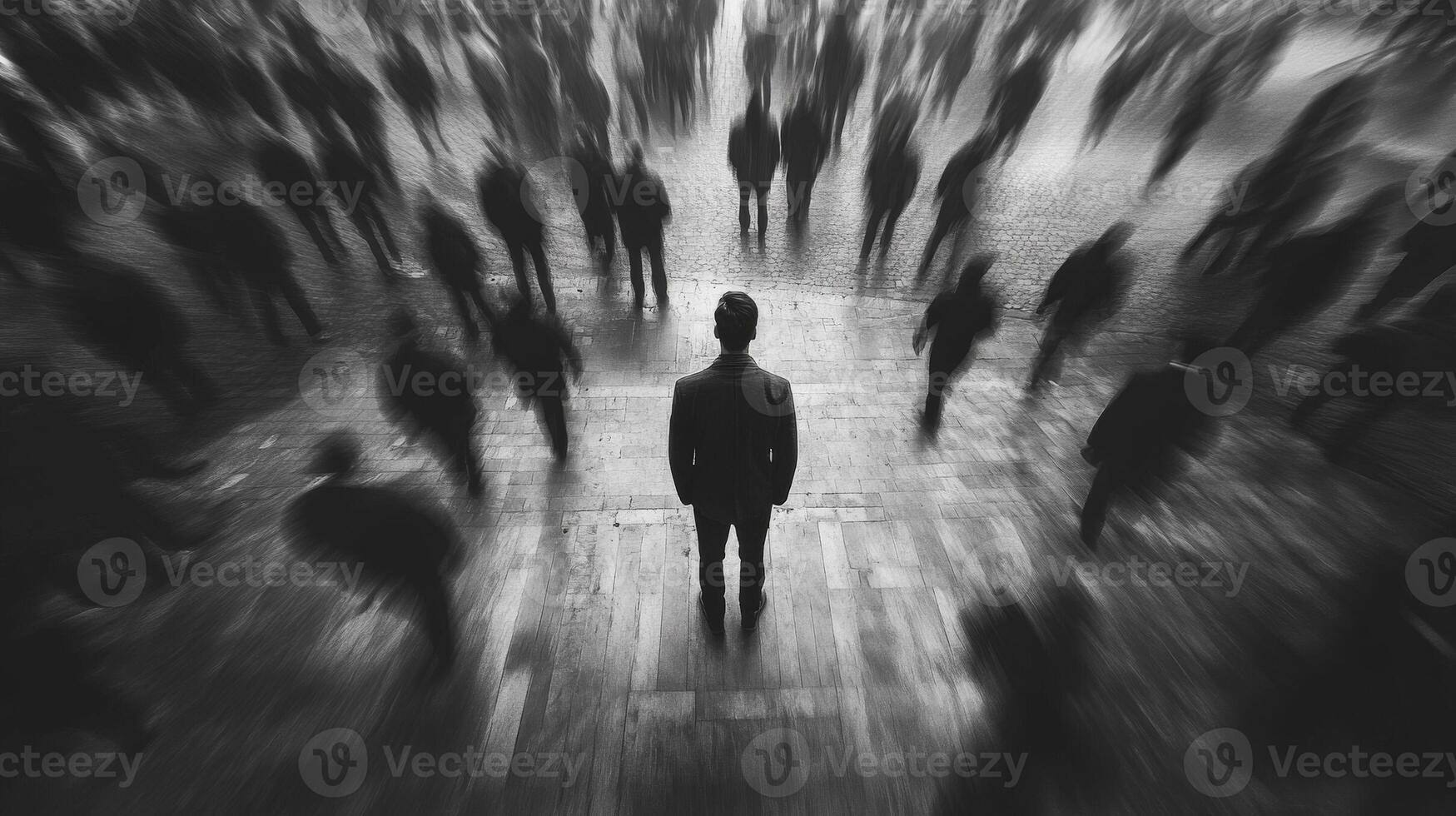 Mysterious figure surrounded by blurred crowd in urban setting photo
