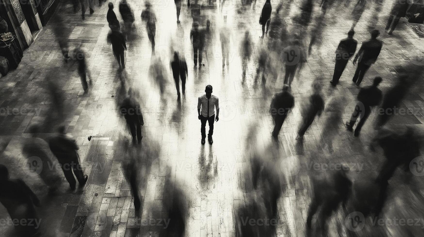 Lonely figure surrounded by a blur of people in a bustling urban setting photo