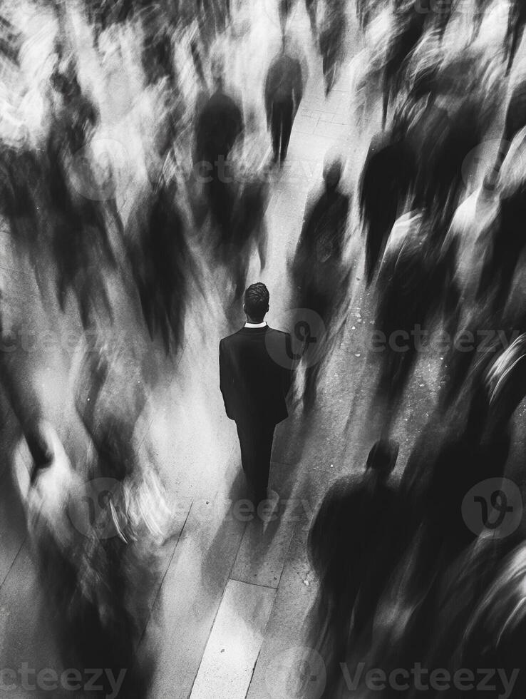 Man in suit stands still among a bustling crowd in motion photo