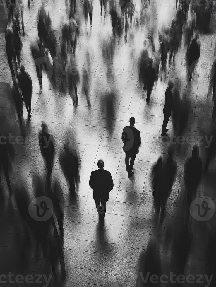 Mysterious crowd of figures walking through a dimly lit urban space photo